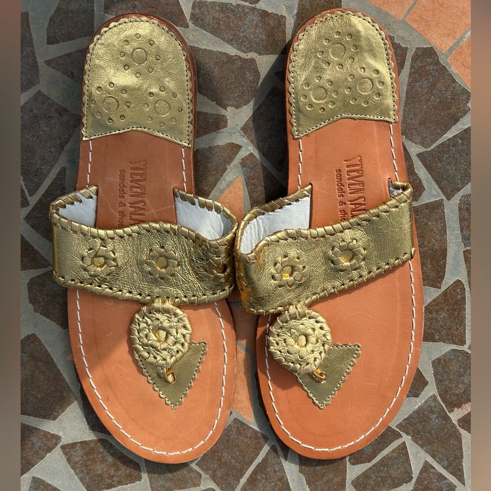 Steven Salario Gold Leather Braided Sandals Size 10 Beachy Cruisewear Vacation